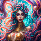 Fantasy artwork: Woman with octopus-like hair, golden armor, delicate features on blue backdrop