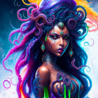 Colorful digital artwork: Woman with octopus features and golden crown on blue backdrop