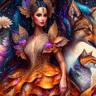 Woman in fox-themed attire surrounded by cosmic foxes in starry universe