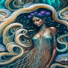 Intricate celestial woman illustration on teal background