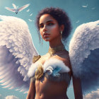 Woman with Large White Wings and Gold Jewelry in Sky with Birds and Dragonfly