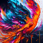 Colorful Phoenix Flying in Flames on Grey Background