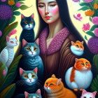 Woman with Dark Hair Surrounded by Cats on Floral Background