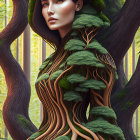 Woman with Tree Branches and Leaves in Forest Setting