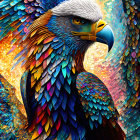 Colorful digital artwork: Eagle with rainbow feathers on ornate background