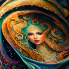 Surreal portrait: Woman with flowing orange and teal tentacle-like hair on dark blue background