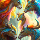 Colorful Artwork: Four Fox Faces with Swirling Patterns