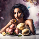 Stylish woman with blue hair posing with fresh potatoes on table