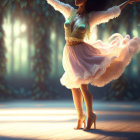 Woman in shimmering dress twirls in sunlit forest clearing