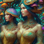 Two women in golden armor with headdresses among exotic birds and lush flora