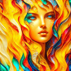 Colorful digital art portrait featuring cosmic elements merging with woman's hair and skin