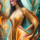 Regal woman in golden gown against celestial backdrop