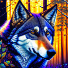 Vibrant digital artwork: Wolf with blue eyes and cosmic fur patterns