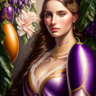 Detailed Illustration: Woman with Long Brown Hair in Purple & Gold Medieval Dress