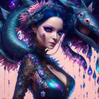 Fantasy illustration of woman with octopus tentacles for hair and intricate body armor