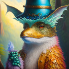 Anthropomorphic cat in blue hat and gold armor with crystal staff in fantasy landscape