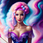 Digital Artwork: Woman with Flowers in Hair, Purple Dress, Cosmic Background
