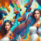 Ethereal women with fantastical birds in vibrant forest