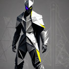 Futuristic suit with reflective crystal surfaces on grey backdrop