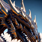 Detailed close-up of dragon with intricate scales, sharp spikes, and glowing orange eye in twilight scene