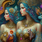 Fantasy Artwork: Two Women with Blue Hair and Whimsical Creatures