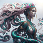 Fantastical portrait: Female figure with octopus-like hair tentacles and gold jewelry on blue backdrop