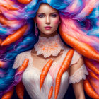 Colorful fantasy portrait: woman with vibrant multicolored hair and gentle snake on neck