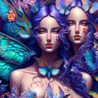 Iridescent Women Amid Marine Life and Florals