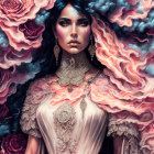 Fantastical portrait of woman with vibrant makeup, jewelry, flowers, birds, and cats in pink