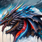 Fantasy illustration of woman with horned headdress next to majestic blue dragon