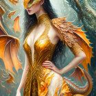 Fantastical woman with dragon features in golden armor and ethereal dragons in mythical scene