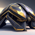 Segmented metallic gold and black robotic turtle with intricate mechanical details