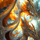 Fantasy-themed art: Three elegant women with golden dragon on mystical blue background