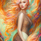 Stylized portrait of a woman with pink hair and swirling feather-like patterns