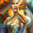 Fantasy-themed portrait of a regal woman with dragon-adorned crown in forest setting