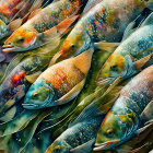 Monochromatic school of fish swimming in flowing water or seaweed landscape