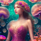 Colorful portrait of a woman with octopus-like features and ocean-themed headpiece