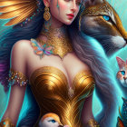 Fantasy illustration of woman with gold jewelry and majestic dragon