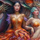 Fantasy women with dragon-like features in ethereal setting adorned with gold jewelry
