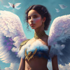 Surreal angelic figure with golden jewelry and white wings under blue sky