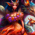 Fantastical woman with antlers and mythical beasts in vibrant colors