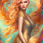 Colorful illustration: Woman with pink hair and golden attire, encircled by swirling feathers.