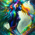 Colorful Artwork of Woman with Flowing Hair and Abstract Swirls