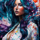 Surreal portrait of two women with flowing hair in cosmic colors