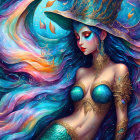 Illustration of woman with celestial body art and hat in swirling galaxy.