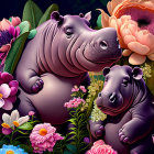 Stylized hippos with vibrant flowers on dark background