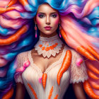 Multicolored hair woman in lace white dress poses with vibrant blue, pink, and orange locks.