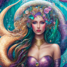 Fantastical portrait of woman with wavy hair, floral headdress, under crescent moon.