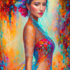 Vibrant digital artwork of a woman with flowers and jellyfish, blending nature and fantasy