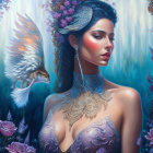 Ethereal woman with vibrant mushrooms and ghostly figure in teal forest